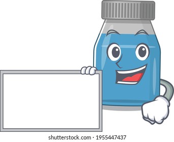 Cartoon character style of syrup medicine holding a white board. Vector illustration