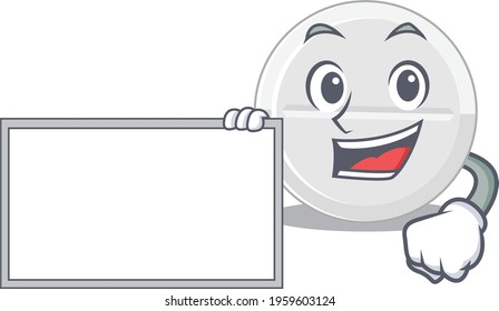 Cartoon character style of tablet drug holding a white board. Vector illustration