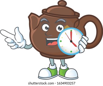 cartoon character style teapot having a clock