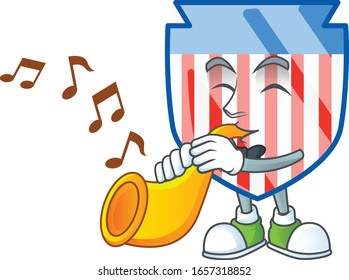 cartoon character style of USA stripes shield playing a trumpet