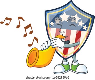 cartoon character style of vintage shield badges USA playing a trumpet