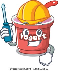 cartoon character style yogurt working as an automotive