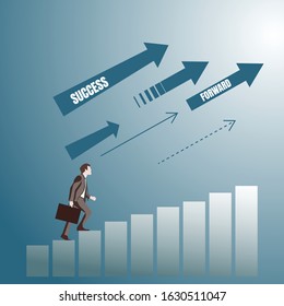 Cartoon character of successful  businessman in suit side view climbing up stairs, arrows with motivation words. Success businessman 