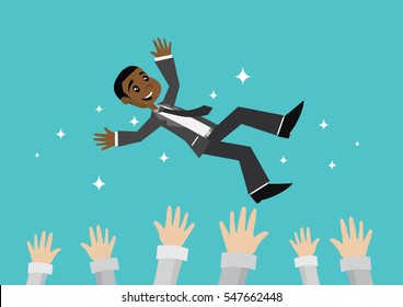 Cartoon character, Successful happy African businessman being throwing up by in air by his team., vector eps10