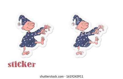 Cartoon character suffering from sleepwalking walks in a dream. Vector illustration in the form of a sticker.
