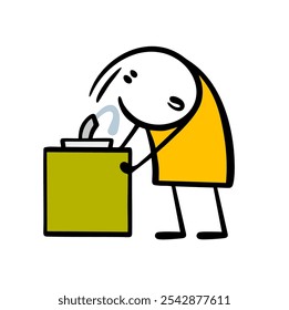 Cartoon character is suffering from thirst, bent over a drinking fountain with a stream of cold water. Vector illustration of a stickman drinking outside on a hot day. Isolated on white background.