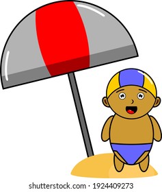the cartoon character of a summer man taking shelter under a summer umbrella
