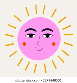 Cartoon-Charakter, Sommersonnenuntergang. Maskottdesign, abstrakte Frühlingssonne lacht. Hübscher Avatar, Emoji-Ikone, süße Figur. Einzeln auf Weiß
