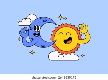 Cartoon character sun and crescent moon giving each other an "OK" hand gesture. The design features clouds, stars, and a blue background illustration for  day and night, harmony, or balance