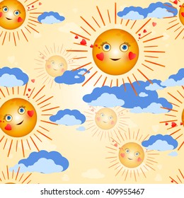 cartoon character sun girl illustration. emotions face. Illustration faces showing different emotions. emotion of love. happiness emotions. Seamless children's background. 