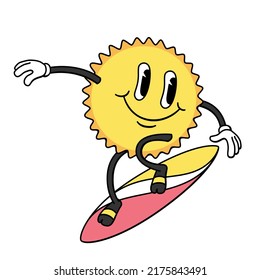Cartoon character sun on surfboard. Vector illustration in doodle retro style. Design for t-shirts, stickers, cards, posters.