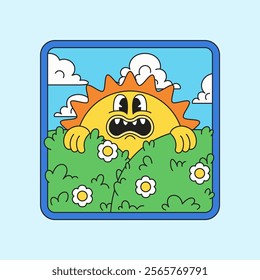 Cartoon character sun peeking from green hill in nature flower green grass and sunny day in retro hand drawn illustration vector