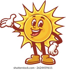 Cartoon character of the Sun in a pose of presenting something or welcoming something