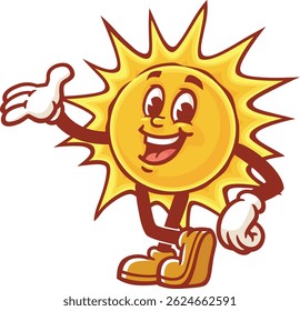 Cartoon character sun is relaxing and offering something