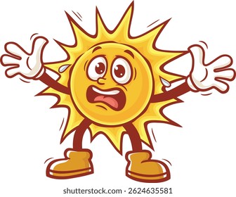 Cartoon character sun is scared and panicking