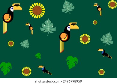 Cartoon character sunflower, monstera leaf, hornbills, Rhinoceros hornbill background vector. Fabric textile decoration design for fabric, clothing, background, embroidery, paper craft, elements, wall