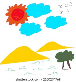 Cartoon character of sunshine,cloud,mountain,grass,birds and tree.nature hand drawn