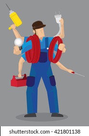 Cartoon character of a super handyman worker with multiple arms with different work tools isolated on grey background.