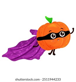 Cartoon character super hero halloween orange pumpkin in purple cape flying and waving hand, excited smiling expression, flat vector illustration isolated on white background.