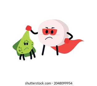 Cartoon character of superhero antibiotic tablet winning virus or bacteria, flat vector illustration isolated on white background. Power of antibiotic medication.
