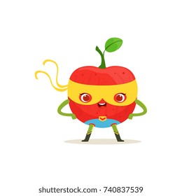 Cartoon character of superhero apple with arms akimbo