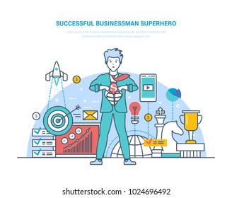 Cartoon character superhero businessman. Successful businessman. Success in work, leadership, career growth, achievement high goals, development and expansion business. Illustration thin line design.