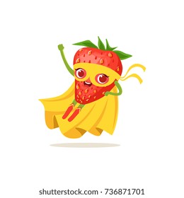 Cartoon character of superhero strawberry flying up