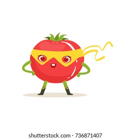 Cartoon character of superhero tomato with arms akimbo