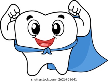 Cartoon character of a superhero tooth with a blue cape. Dental hygiene and oral care.