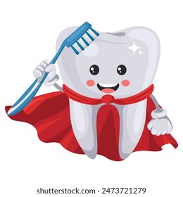 Cartoon character of a superhero tooth with a red cape holding a toothbrush. Prevention, diagnosis and treatment of tooth and gum diseases. Dental hygiene and oral care. Tooth decay prevention