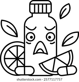 A cartoon character is surrounded by a bottle of medicine and a slice of orange