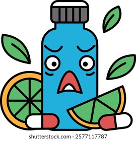 A cartoon character is surrounded by a bottle of medicine and a slice of orange