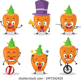 Cartoon character of sweet carrot with various circus shows. Vector illustration