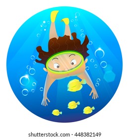 Cartoon character swimming underwater. Cute young free diver and yellow fish. Summertime. Summer sport.