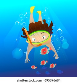 Cartoon character swimming underwater. Cute young free diver and yellow fish. Summertime. Summer sport.