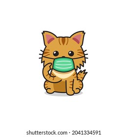 Cartoon character tabby cat wearing protective face mask for design.