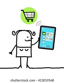 cartoon character with tablet - shopping