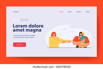 Cartoon character taking child away from mother. Flat vector illustration. Father pulling his hands to little boy sitting in arms of mother. Childhood, family, relationship concept for design