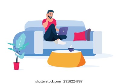 Cartoon character talking on mobile and doing distant job from home. Time management for freelancers. Online study and education. Vector