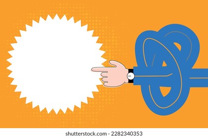 Cartoon character tangled hand points to blank price tag in the shape of a star Vector illustration.