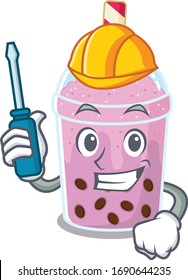 cartoon character of taro bubble tea worked as an automotive