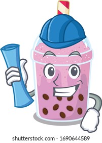 Cartoon character of taro bubble tea brainy Architect with blue prints and blue helmet