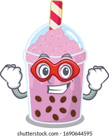 A cartoon character of taro bubble tea performed as a Super hero