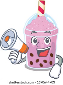 Cartoon character of taro bubble tea having a megaphone