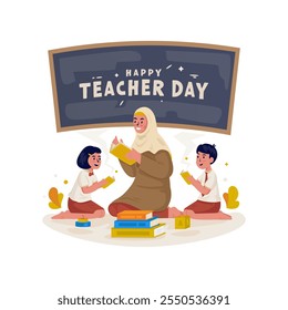 Cartoon character of teacher and elementary school students reading a book, Education vector illustration