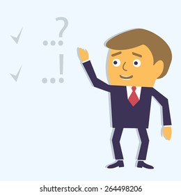 Cartoon character teacher explains answer to question. Vector illustration.