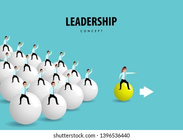 Cartoon character of the team with people riding on the plastic ball going the goal. Leadership Concept Vector