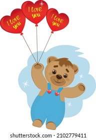 Cartoon character Teddy Bear flying with balloons I love you