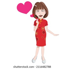 Cartoon character teenager girl in red dress for chinese new year Hand made mini heart symbol with pink hearts floating out isolated on white background vector illustration character with smile