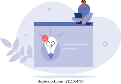 Cartoon character testing a startup idea while sitting at laptop.vector illustration.